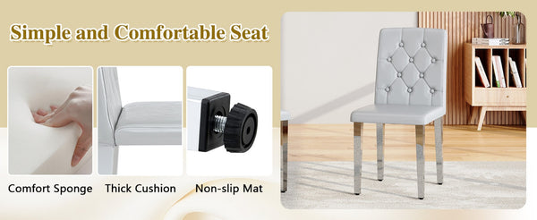 English Elm Table and Chair Set Round Marble Mdf Top with Four Pu Leather Seats Modern Dining White Light Gray W1151S04883
