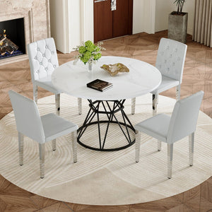 English Elm Table and Chair Set Round Marble Mdf Top with Four Pu Leather Seats Modern Dining White Light Gray W1151S04883