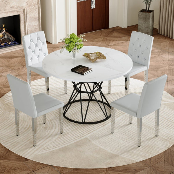 English Elm Table and Chair Set Round Marble Mdf Top with Four Pu Leather Seats Modern Dining White Light Gray W1151S04883