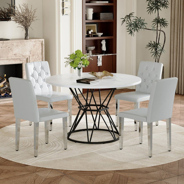 English Elm Table and Chair Set Round Marble Mdf Top with Four Pu Leather Seats Modern Dining White Light Gray W1151S04883