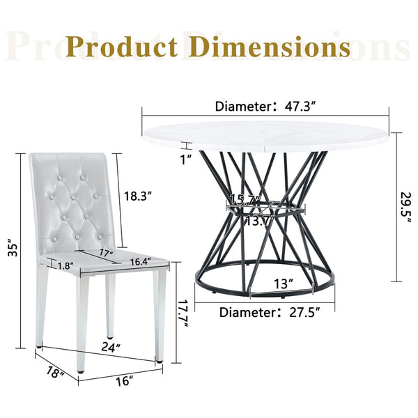 English Elm Table and Chair Set Round Marble Mdf Top with Four Pu Leather Seats Modern Dining White Light Gray W1151S04883