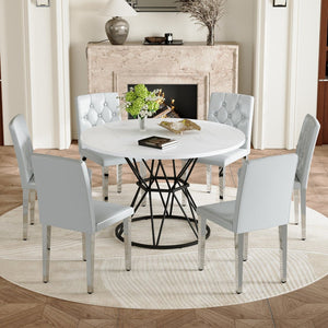 English Elm Table and Chair Set Six Person Round Marble Mdf Dining with Buckle Pu Seats White Light Gray Silver Legs W1151S04884