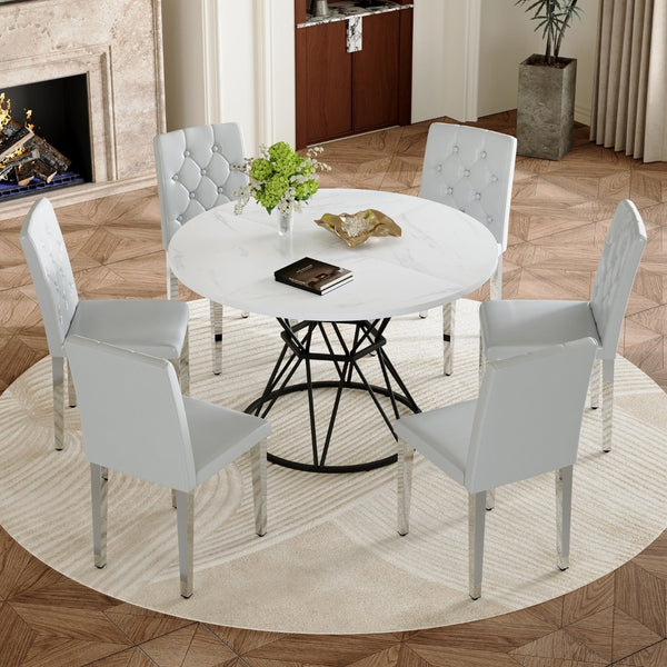 English Elm Table and Chair Set Six Person Round Marble Mdf Dining with Buckle Pu Seats White Light Gray Silver Legs W1151S04884
