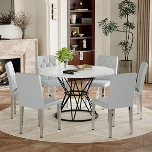 English Elm Table and Chair Set Six Person Round Marble Mdf Dining with Buckle Pu Seats White Light Gray Silver Legs W1151S04884