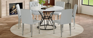 English Elm Table and Chair Set Six Person Round Marble Mdf Dining with Buckle Pu Seats White Light Gray Silver Legs W1151S04884