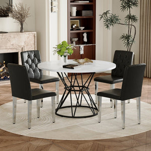 English Elm Table and Chair Set Round Marble Mdf Top Matte Black Metal Base Modern Dining for Four W1151S04885