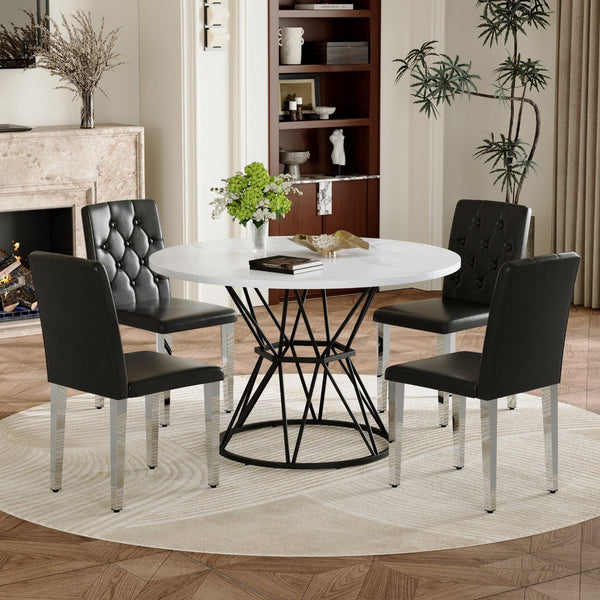 English Elm Table and Chair Set Round Marble Mdf Top Matte Black Metal Base Modern Dining for Four W1151S04885