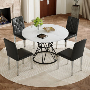 English Elm Table and Chair Set Round Marble Mdf Top Matte Black Metal Base Modern Dining for Four W1151S04885