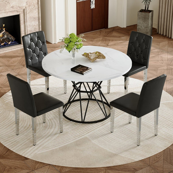 English Elm Table and Chair Set Round Marble Mdf Top Matte Black Metal Base Modern Dining for Four W1151S04885