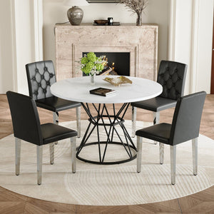 English Elm Table and Chair Set Round Marble Mdf Top Matte Black Metal Base Modern Dining for Four W1151S04885