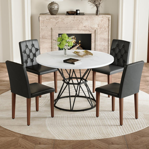 English Elm Table and Chair Set Round Marble Mdf Top with Four Pu Leather Seats Modern Dining White Black - B W1151S04887