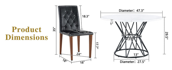 English Elm Table and Chair Set Round Marble Mdf Top with Four Pu Leather Seats Modern Dining White Black - B W1151S04887