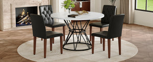 English Elm Table and Chair Set Round Marble Mdf Top with Four Pu Leather Seats Modern Dining White Black - B W1151S04887