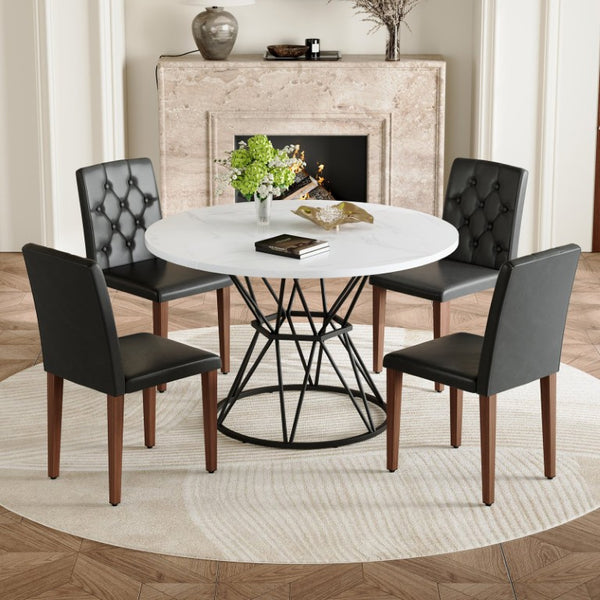 English Elm Table and Chair Set Round Marble MDF Top with Hourglass Base and PU Leather Seating 4 Chairs W1151S04887