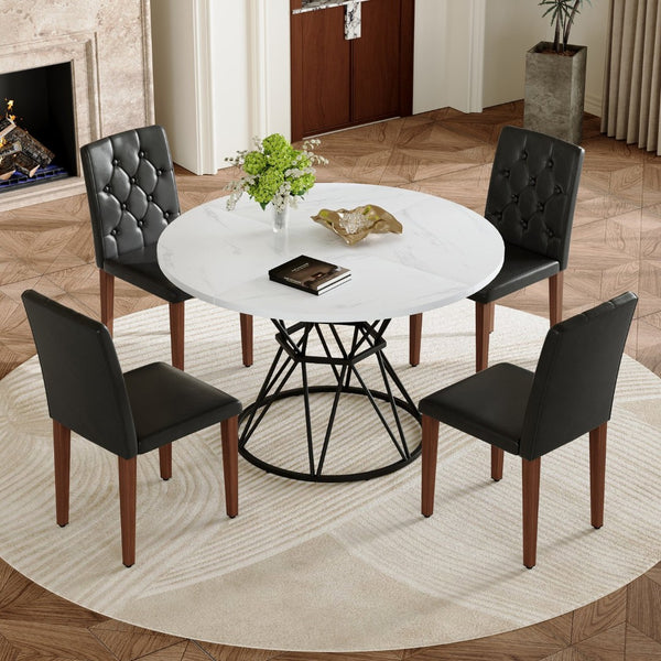 English Elm Table and Chair Set Round Marble Mdf Top with Four Pu Leather Seats Modern Dining White Black - B W1151S04887