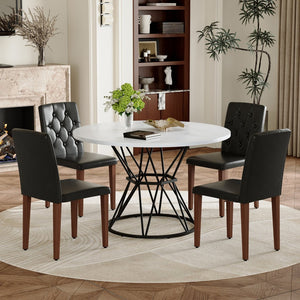 English Elm Table and Chair Set Round Marble Mdf Top with Four Pu Leather Seats Modern Dining White Black - B W1151S04887