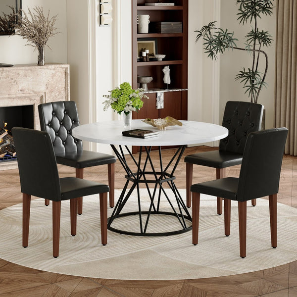 English Elm Table and Chair Set Round Marble Mdf Top with Four Pu Leather Seats Modern Dining White Black - B W1151S04887