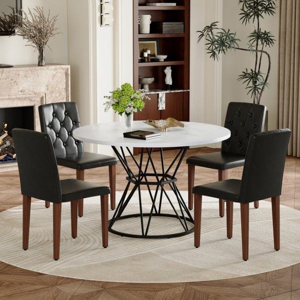 English Elm Table and Chair Set Round Marble MDF Top with Hourglass Base and PU Leather Seating 4 Chairs W1151S04887
