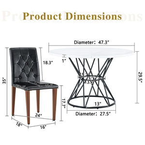 English Elm Table and Chair Set Round Marble Mdf Top with Four Pu Leather Seats Modern Dining White Black - B W1151S04887