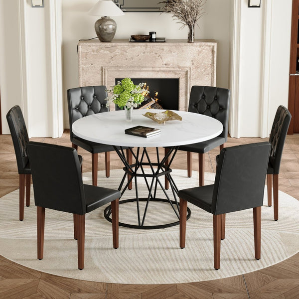 English Elm Table and Chair Set Six Person Round Marble Mdf Dining with Buckle Pu Seats White Black Walnut W1151S04888