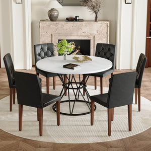 English Elm Table and Chair Set Round Marble MDF Top with Hourglass Base and PU Leather Seating 6 Chairs W1151S04888