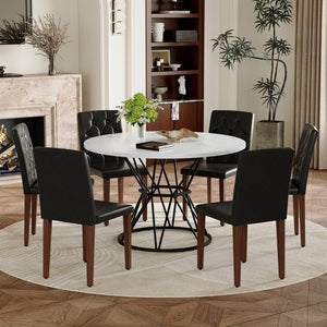 English Elm Table and Chair Set Six Person Round Marble Mdf Dining with Buckle Pu Seats White Black Walnut W1151S04888