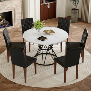 English Elm Table and Chair Set Six Person Round Marble Mdf Dining with Buckle Pu Seats White Black Walnut W1151S04888