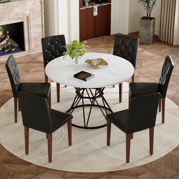 English Elm Table and Chair Set Six Person Round Marble Mdf Dining with Buckle Pu Seats White Black Walnut W1151S04888