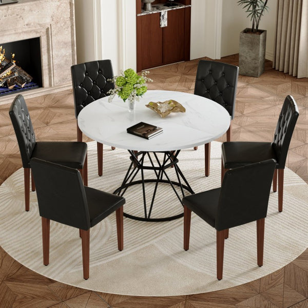 English Elm Table and Chair Set Round Marble MDF Top with Hourglass Base and PU Leather Seating 6 Chairs W1151S04888