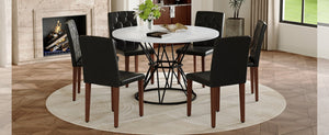 English Elm Table and Chair Set Six Person Round Marble Mdf Dining with Buckle Pu Seats White Black Walnut W1151S04888