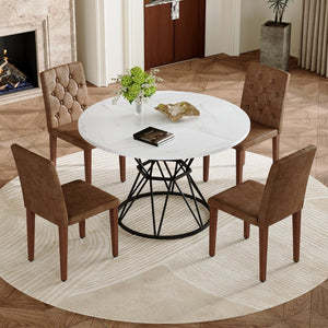 English Elm Table and Chair Set Round Marble Top Dining with Button Tufted Suede Seats for Four White+Black W1151S04889