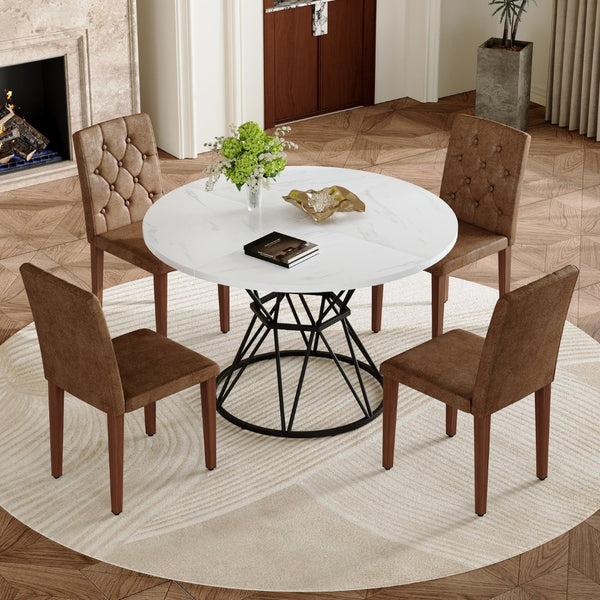 English Elm Table and Chair Set Round Marble Top Dining with Button Tufted Suede Seats for Four White+Black W1151S04889