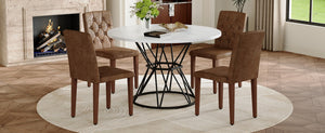 English Elm Table and Chair Set Round Marble Top Dining with Button Tufted Suede Seats for Four White+Black W1151S04889