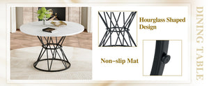 English Elm Table and Chair Set Round Marble Top Dining with Button Tufted Suede Seats for Four White+Black W1151S04889