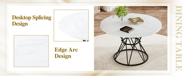 English Elm Table and Chair Set Round Marble Top Dining with Button Tufted Suede Seats for Four White+Black W1151S04889