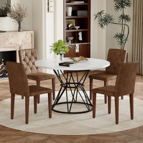 English Elm Table and Chair Set Round Marble Top Dining with Button Tufted Suede Seats for Four White+Black W1151S04889
