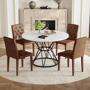 English Elm Table and Chair Set Round Marble Top Dining with Button Tufted Suede Seats for Four White+Black W1151S04889
