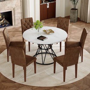 English Elm Table and Chair Set Round Marble Mdf Top Tufted Suede Seating for Six Dining Brown, Walnut, White+Black W1151S04890