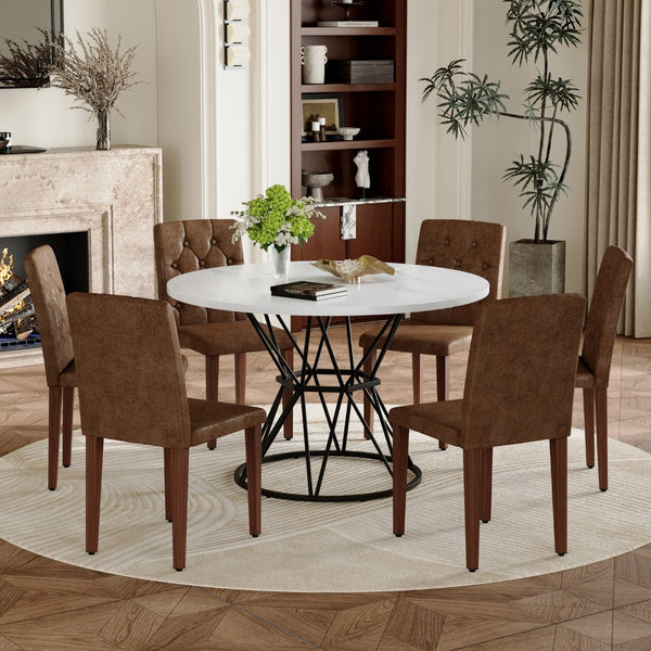 English Elm Table and Chair Set Round Marble Mdf Top Tufted Suede Seating for Six Dining Brown, Walnut, White+Black W1151S04890