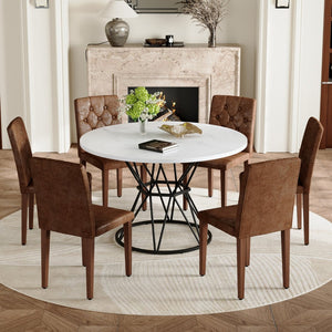 English Elm Table and Chair Set Round Marble Mdf Top Tufted Suede Seating for Six Dining Brown, Walnut, White+Black W1151S04890