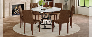 English Elm Table and Chair Set Round Marble Mdf Top Tufted Suede Seating for Six Dining Brown, Walnut, White+Black W1151S04890
