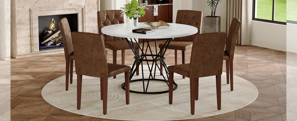 English Elm Table and Chair Set Round Marble Mdf Top Tufted Suede Seating for Six Dining Brown, Walnut, White+Black W1151S04890