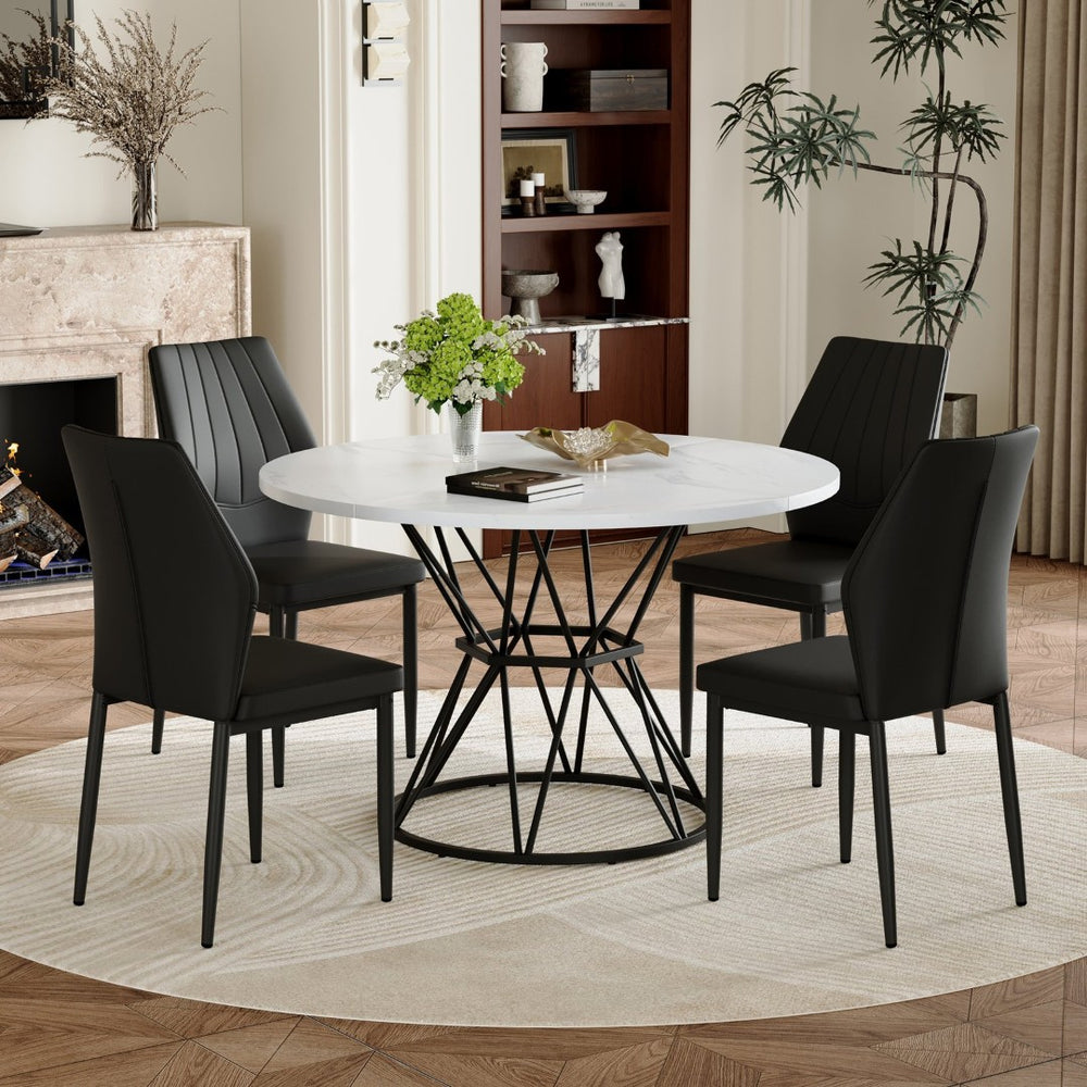 English Elm Table and Chair Set Round Marble Top with Four Pu Shell Back Seats for Dining White+Black W1151S04891