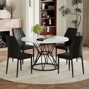 English Elm Table and Chair Set Round Marble Top with Four Pu Shell Back Seats for Dining White+Black W1151S04891