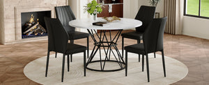 English Elm Table and Chair Set Round Marble Top with Four Pu Shell Back Seats for Dining White+Black W1151S04891