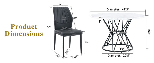 English Elm Table and Chair Set Round Marble Top with Four Pu Shell Back Seats for Dining White+Black W1151S04891