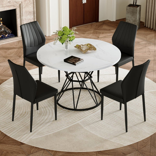 English Elm Table and Chair Set Round Marble Top with Four Pu Shell Back Seats for Dining White+Black W1151S04891