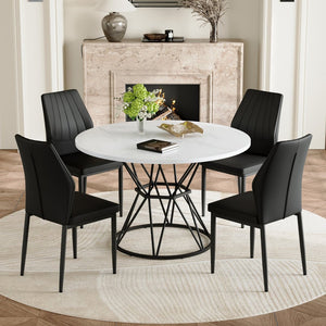 English Elm Table and Chair Set Round Marble Top with Four Pu Shell Back Seats for Dining White+Black W1151S04891