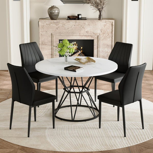 English Elm Table and Chair Set Round Marble Top with Four Pu Shell Back Seats for Dining White+Black W1151S04891