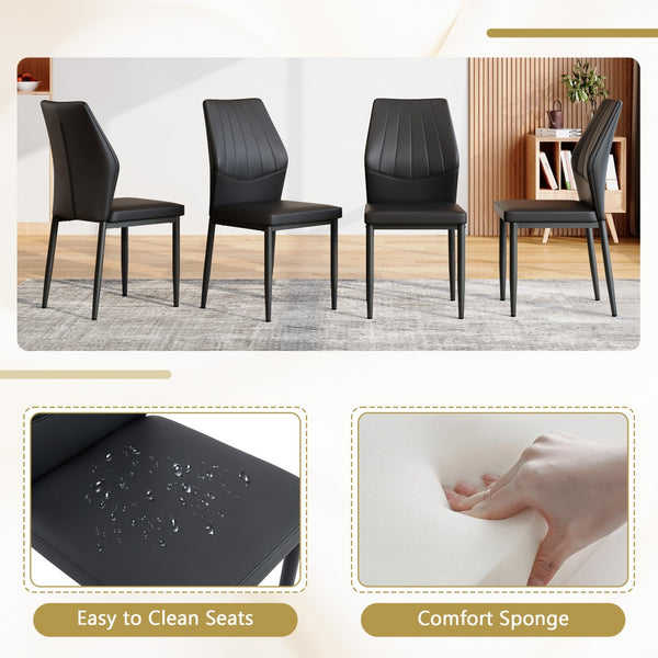 English Elm Table and Chair Set Round Marble Top with Four Pu Shell Back Seats for Dining White+Black W1151S04891